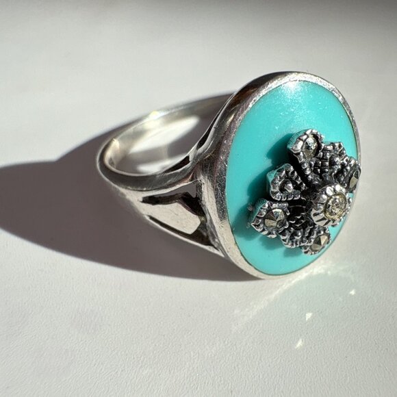 VTG Solid Sterling Silver 925 Turquoise & Marcasite Statement Ring Size 8.75 - Picture 9 of 12